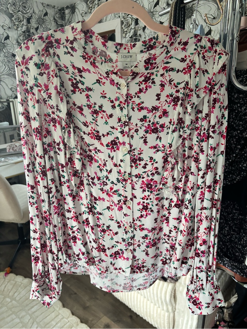J. Crew Cream Blouse with Pink Floral Print